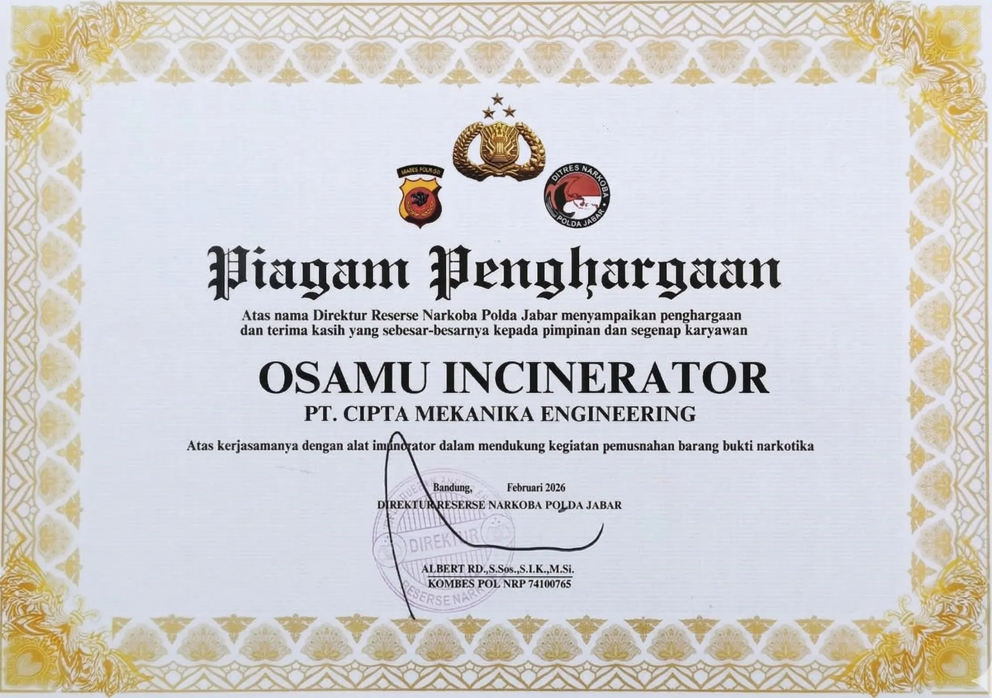 Piagam Penghargaan Polda Jabar